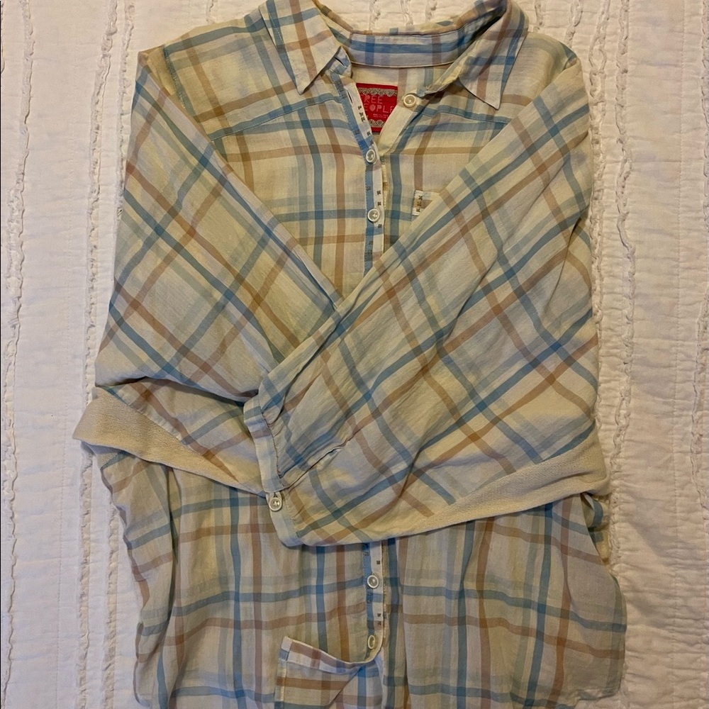 Free People blouse in cream, blues and tab tones